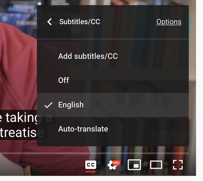 YouTube subtitles menu