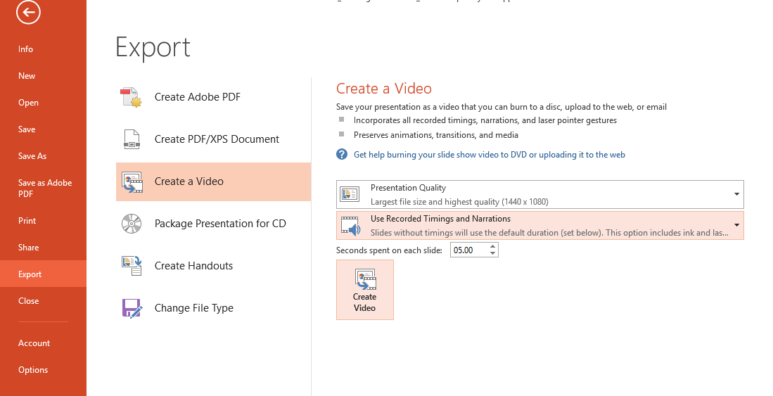 Image showing the powerpoint menu for exporting a video