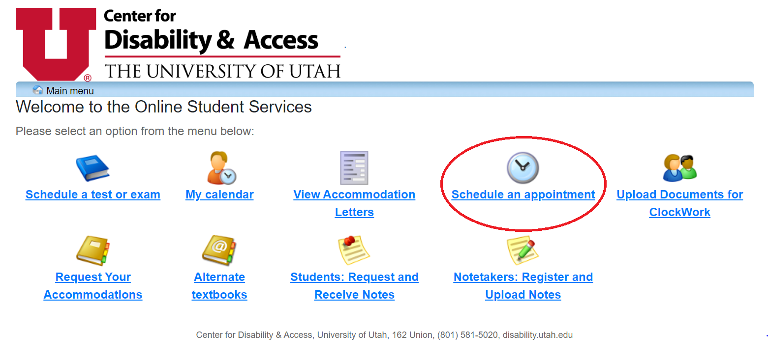 Screenshot of the CDA portal website with the "Schedule an appointment" option cirlcled.