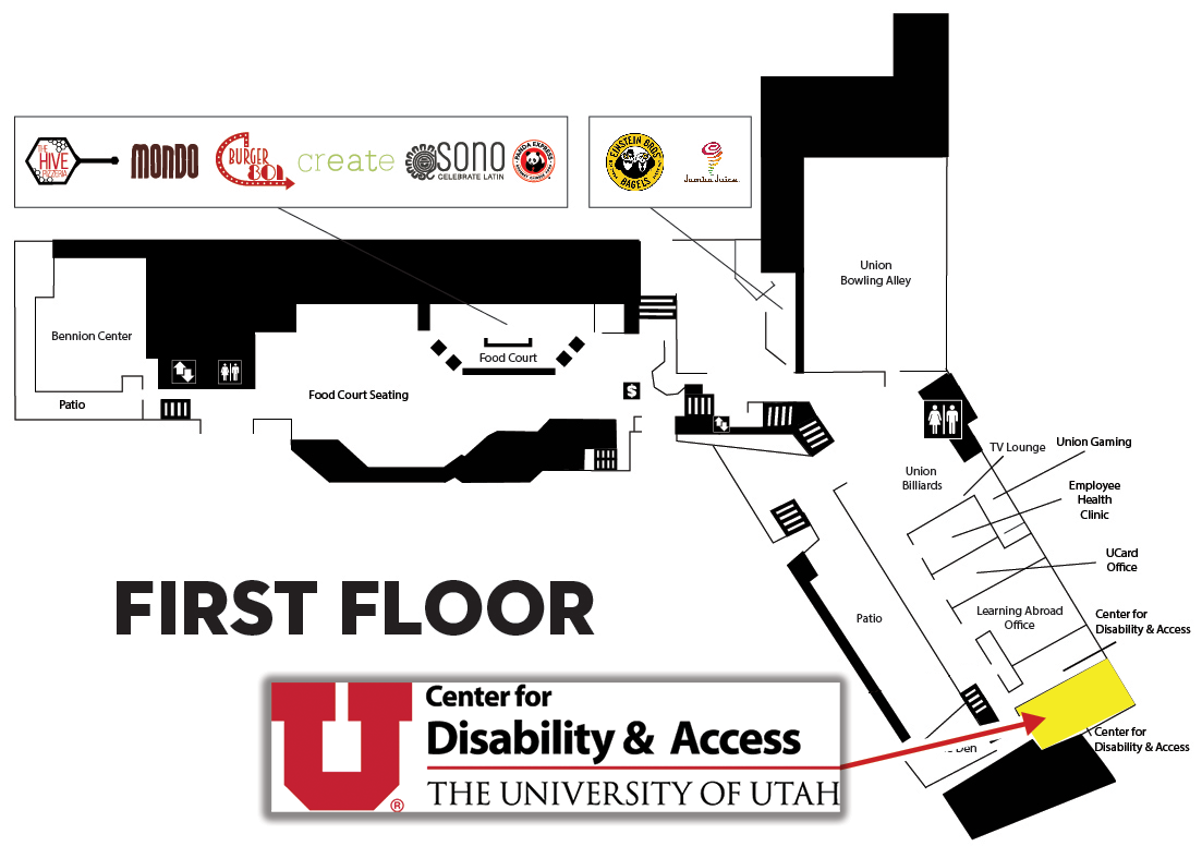 Union building first floor map. CDA's main office is located at the southern end of the buildings first floor and can be easily accessed through the door on the south end which is ramp accessible with automatic openers..